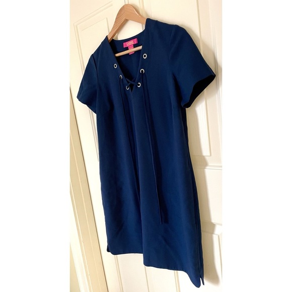 Catherine Malandrino Navy Blue Lace Front Grommet Shift Dress w/ Pockets Small - Picture 3 of 7